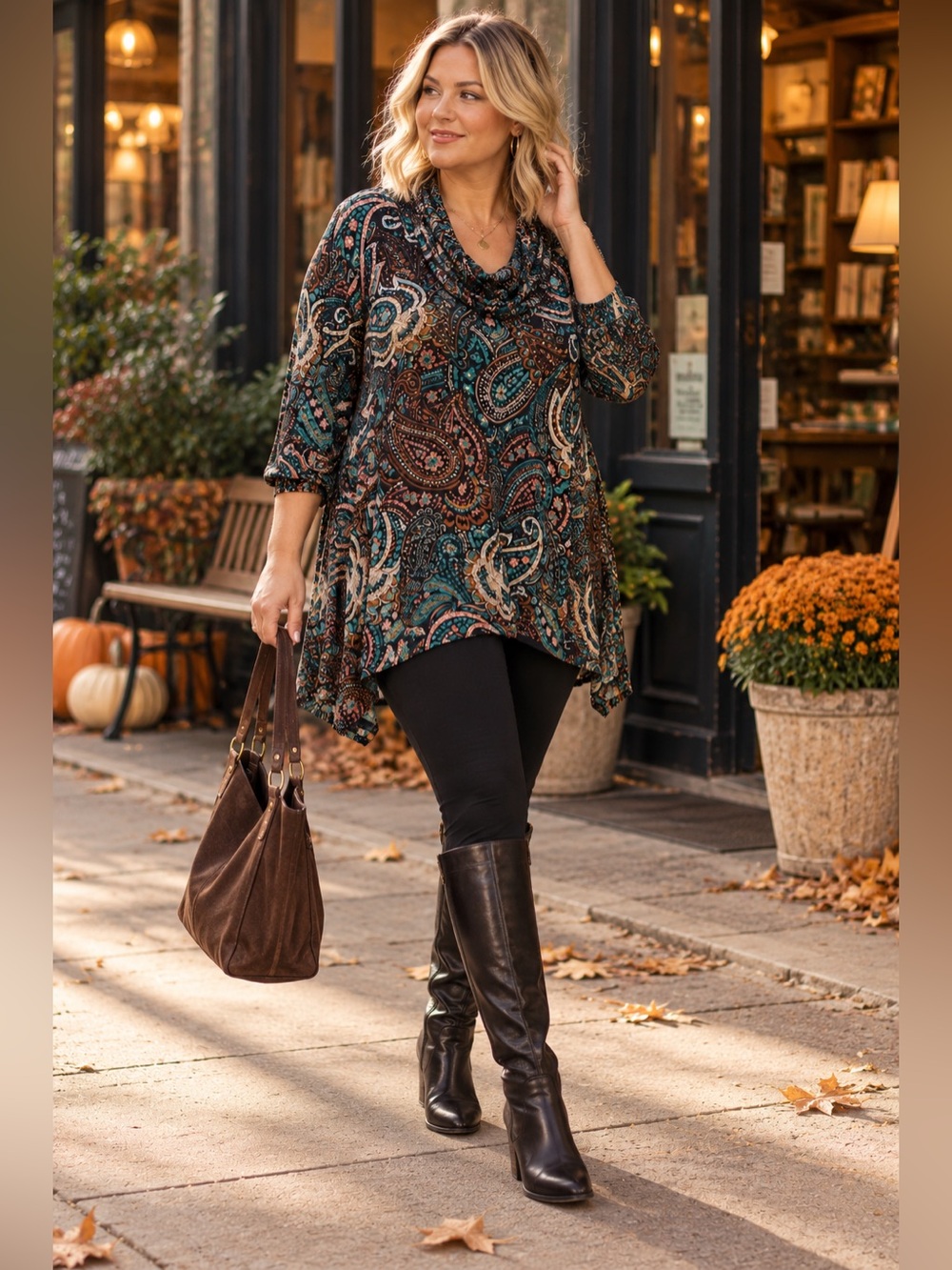 Ruby Rd Woman 2X Paisley Cowl Neck Tunic Top Boho Teal Rust Long Sleeve